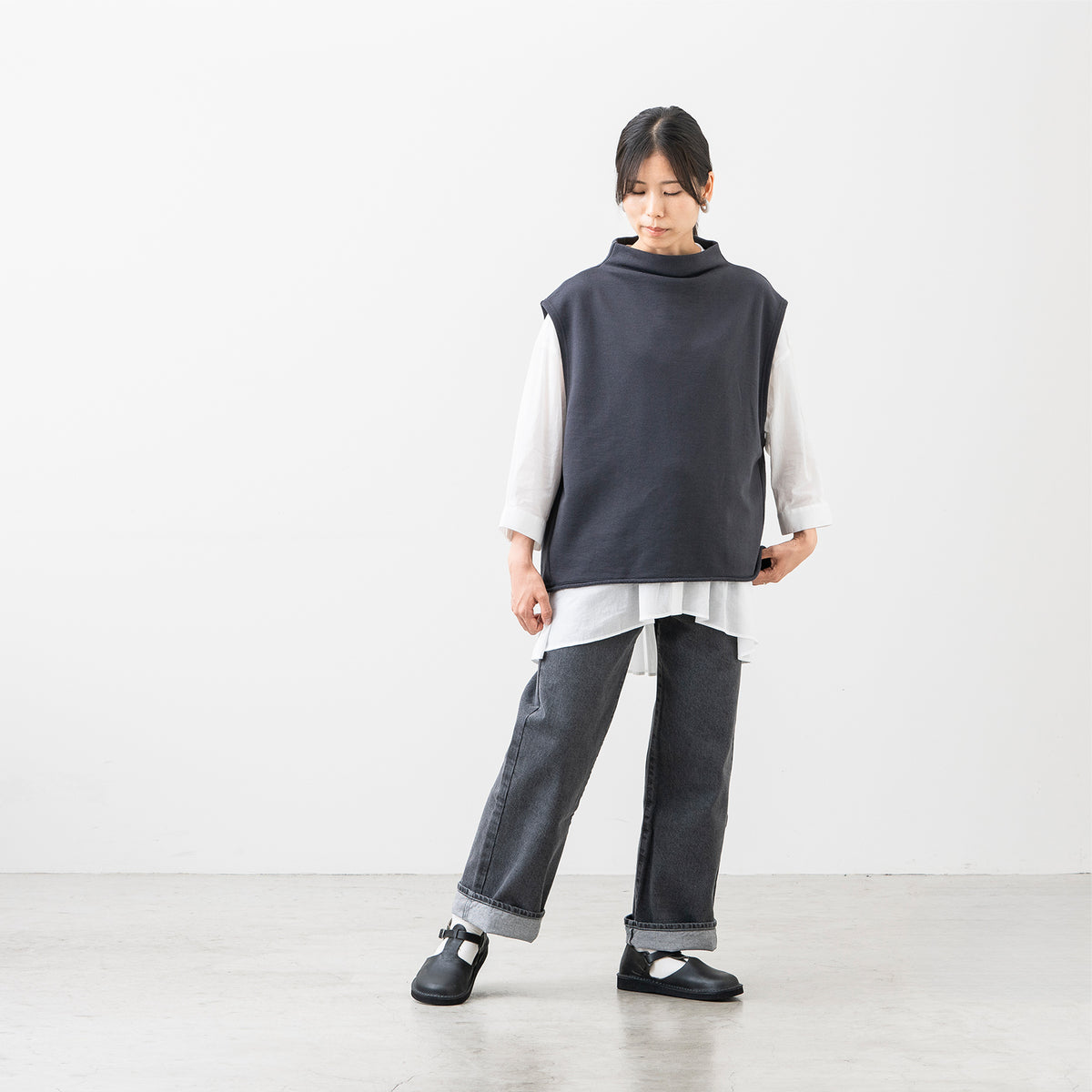 裏毛カットソーボトルネックベスト
