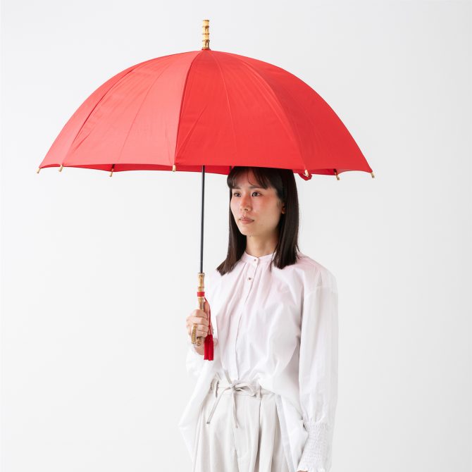 空新品未使用☆ワカオ　WAKAO☆タッセル付スリム長傘☆バンブー　赤レッド WAKAO ドーム型バンブー長傘