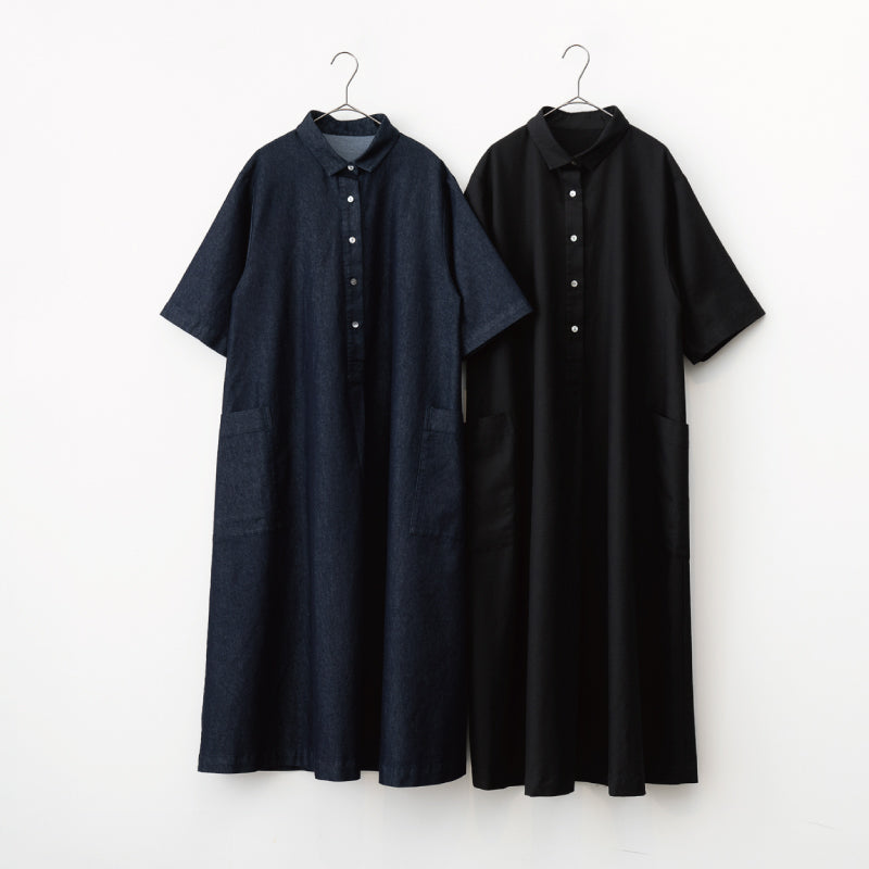 5分袖 Aラインシャツワンピース