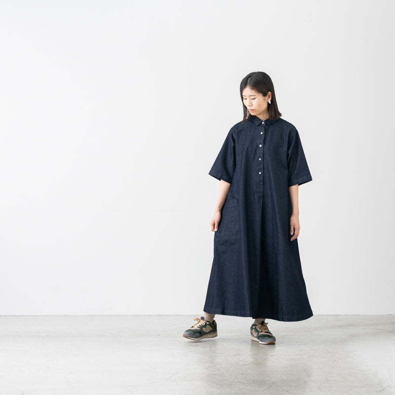 5分袖 Aラインシャツワンピース