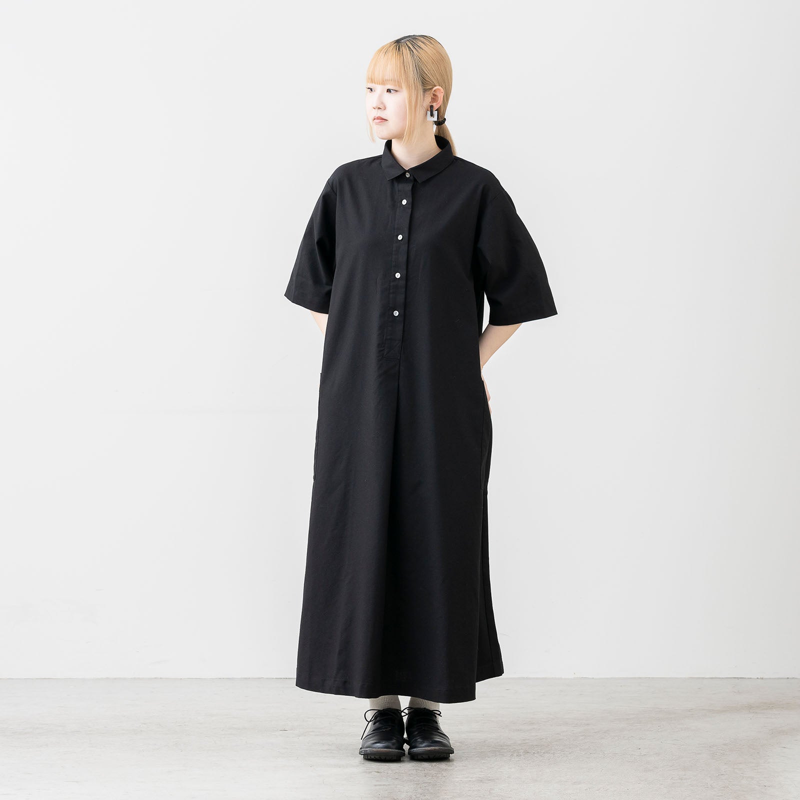 5分袖 Aラインシャツワンピース